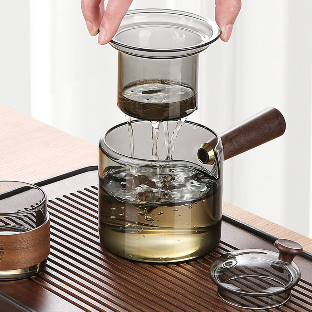 Smoke Gray Glass Tea Set Walnut Wood Handle Tea Tray