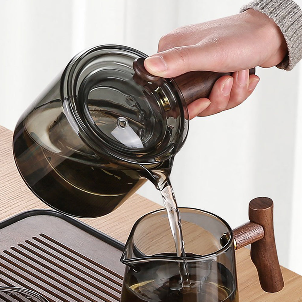 Smoke Gray Glass Tea Set Walnut Wood Handle Tea Tray