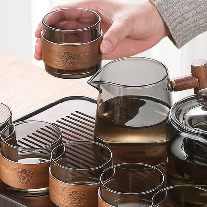 Smoke Gray Glass Tea Set Walnut Wood Handle Tea Tray