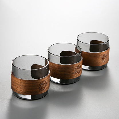 Smoke Gray Glass Tea Set Walnut Wood Handle Tea Tray