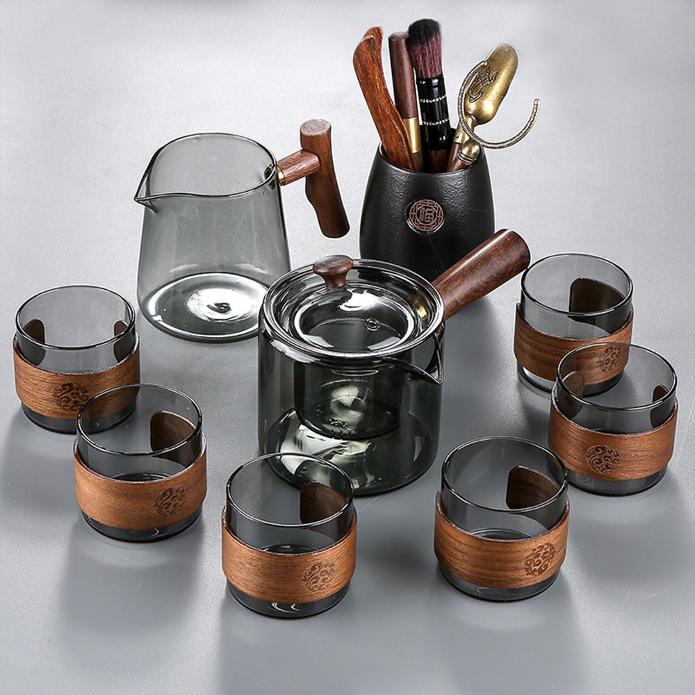 Smoke Gray Glass Tea Set Walnut Wood Handle Tea Tray