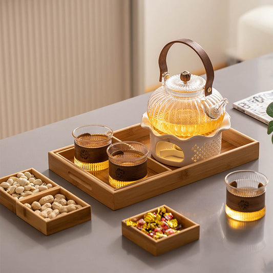 Glass Tea Set with Candle Warmer Pumpkin Stove Teapot Cups Tray