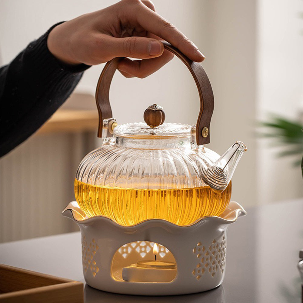 Glass Tea Set with Candle Warmer Pumpkin Stove Teapot Cups Tray