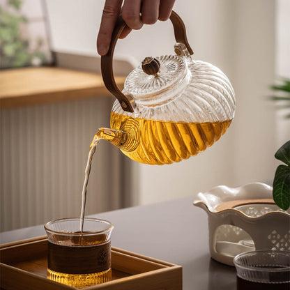 Glass Tea Set with Candle Warmer Pumpkin Stove Teapot Cups Tray