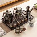 Mountain Glass Tea Set Blue Gray Wood Handle 6 Cups Tray