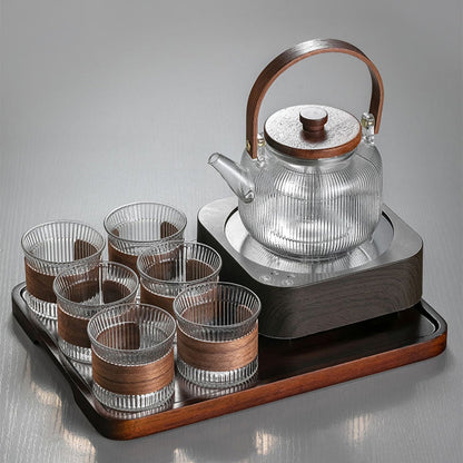 Glass Gongfu Tea Set with Warmer & Wood Tray