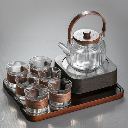 Glass Gongfu Tea Set with Warmer & Wood Tray