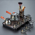 Crane Glass Tea Set Smoke Gray Rosewood Handle 6 Cups