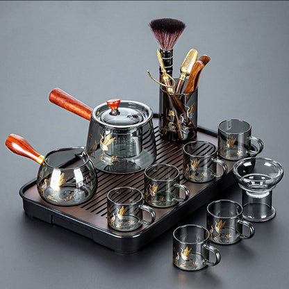 Crane Glass Tea Set Smoke Gray Rosewood Handle 6 Cups
