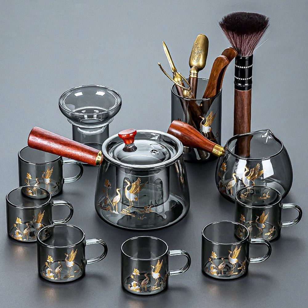 Crane Glass Tea Set Smoke Gray Rosewood Handle 6 Cups