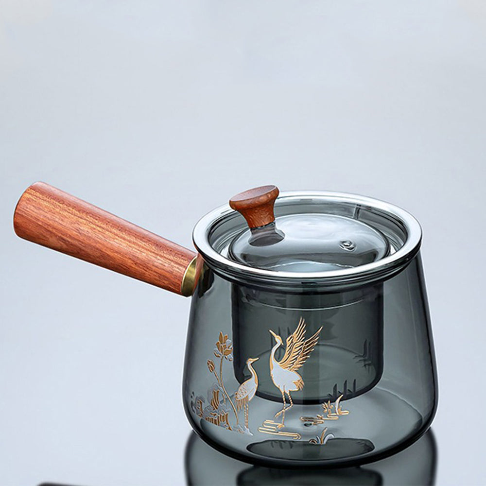 Crane Glass Tea Set Smoke Gray Rosewood Handle 6 Cups