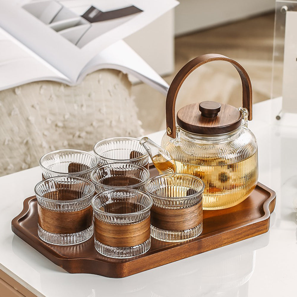 Glass Teapot Set Dual Infuser 6 Cups Acacia Tray
