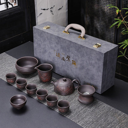 Dragon Tea Set Purple Clay Relief Carved Yixing 11-Piece