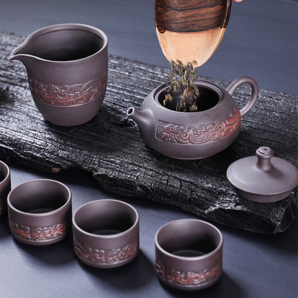Dragon Tea Set Purple Clay Relief Carved Yixing 11-Piece