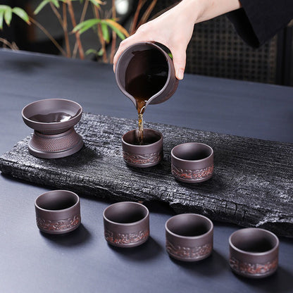 Dragon Tea Set Purple Clay Relief Carved Yixing 11-Piece