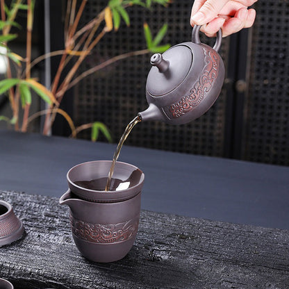 Dragon Tea Set Purple Clay Relief Carved Yixing 11-Piece