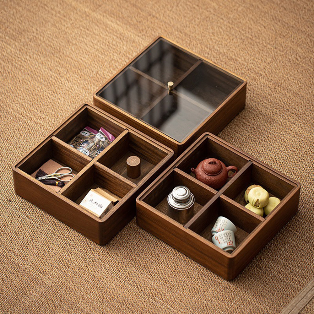 Tea Storage Box Walnut Wood Multi-Compartment Organizer