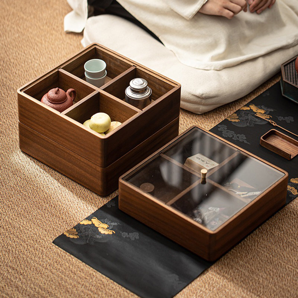 Tea Storage Box Walnut Wood Multi-Compartment Organizer