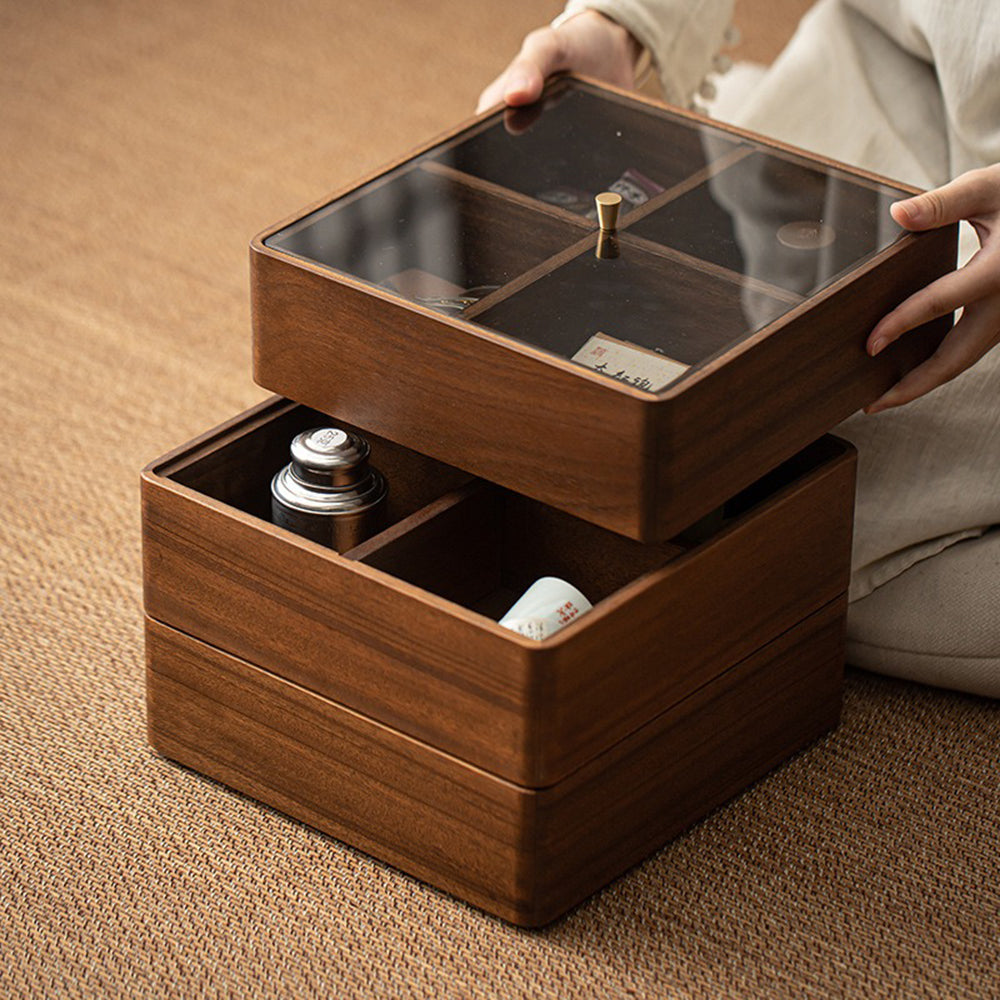 Tea Storage Box Walnut Wood Multi-Compartment Organizer