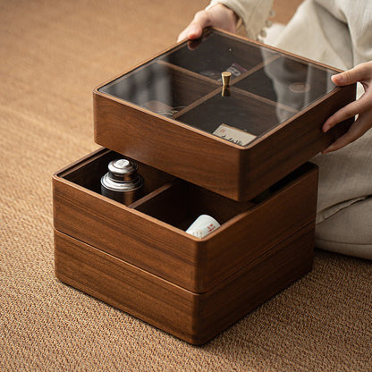 Tea Storage Box Walnut Wood Multi-Compartment Organizer