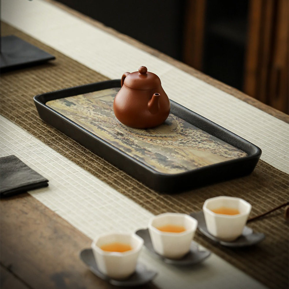 Ceramic Tea Tray | Absorbent Dry Brewing Tray Qingming Scroll Ink Art 30x15.5cm
