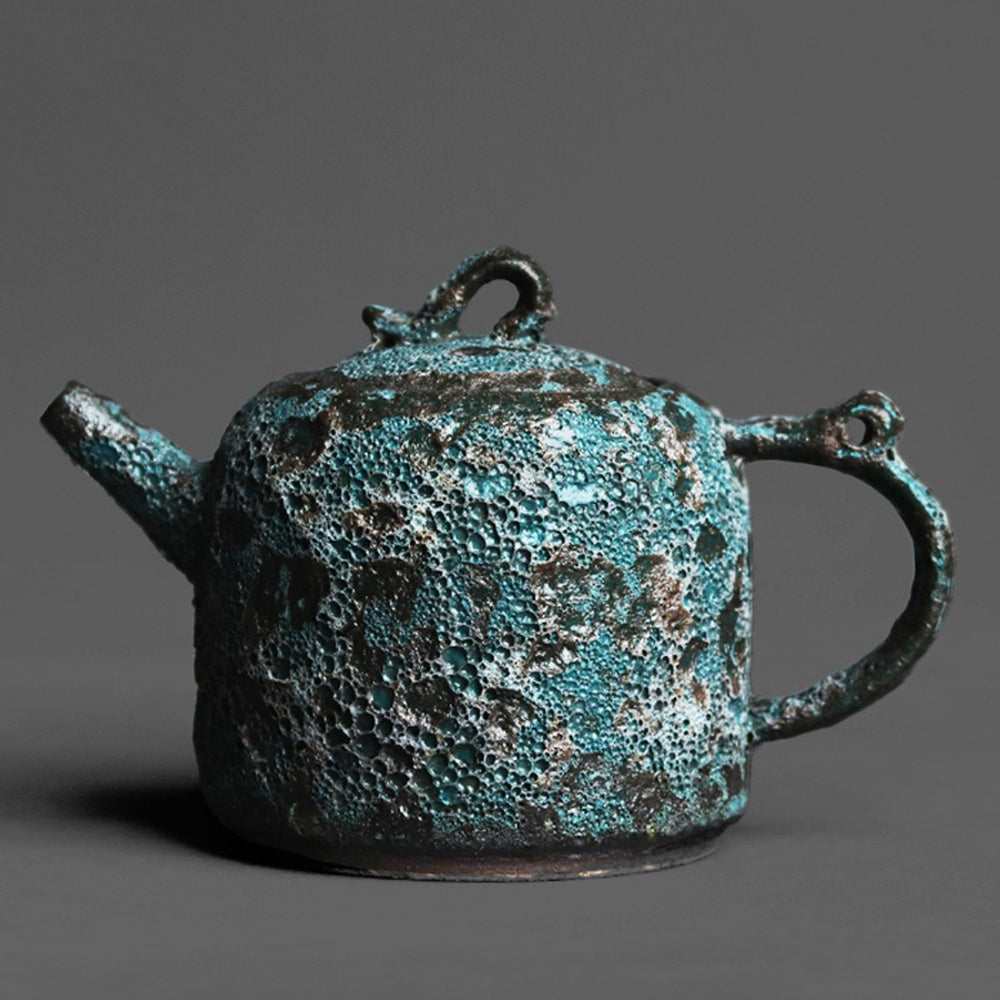 Ceramic Teapot Wood-Fired Bronze Glaze Wormhole 220ml Handcrafted