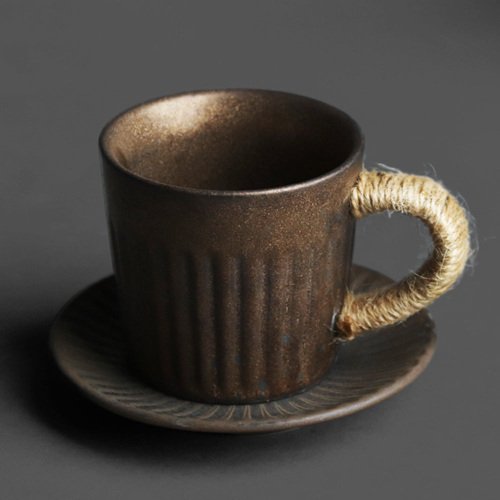 Coarse Pottery Tea Cup With Saucer Black Gold Kiln