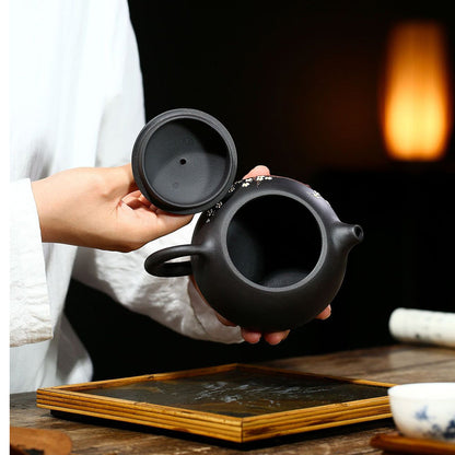 Black Clay Teapot Yixing Plum Blossom Carved Xi Shi 450ml