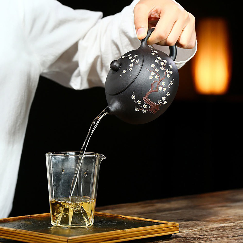 Black Clay Teapot Yixing Plum Blossom Carved Xi Shi 450ml