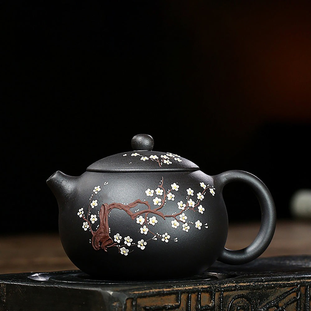 Black Clay Teapot Yixing Plum Blossom Carved Xi Shi 450ml