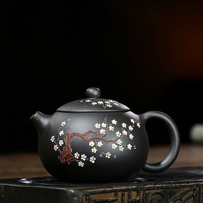 Black Clay Teapot Yixing Plum Blossom Carved Xi Shi 450ml