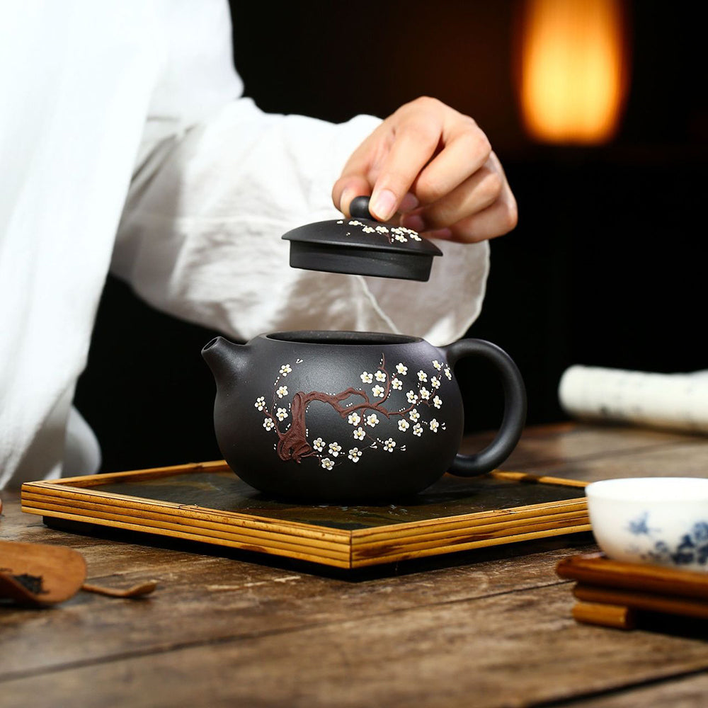 Black Clay Teapot Yixing Plum Blossom Carved Xi Shi 450ml