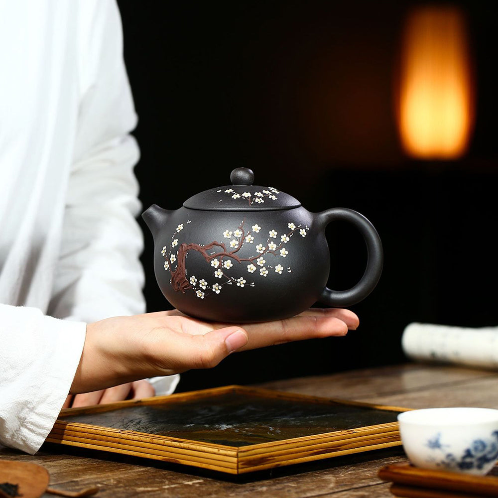 Black Clay Teapot Yixing Plum Blossom Carved Xi Shi 450ml