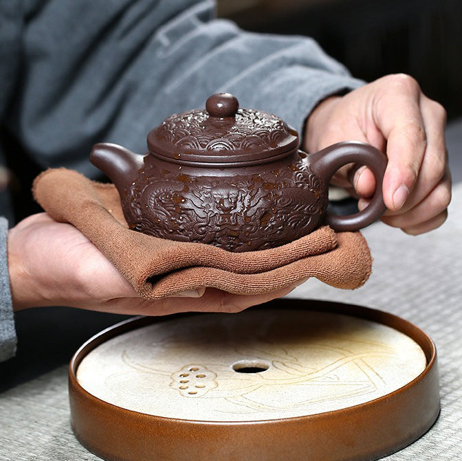 Dragon Relief Teapot Yixing Purple Clay Embossed Carved 310ml