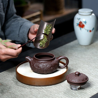 Dragon Relief Teapot Yixing Purple Clay Embossed Carved 310ml