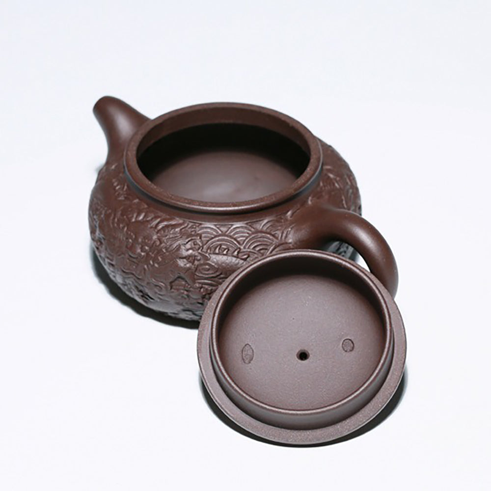 Dragon Relief Teapot Yixing Purple Clay Embossed Carved 310ml