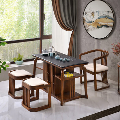 Chinese Tea Table Set Gold Sandalwood Stone Panel & Chairs