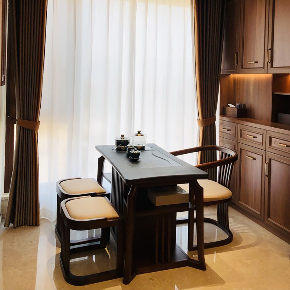 Chinese Tea Table Set Gold Sandalwood Stone Panel & Chairs