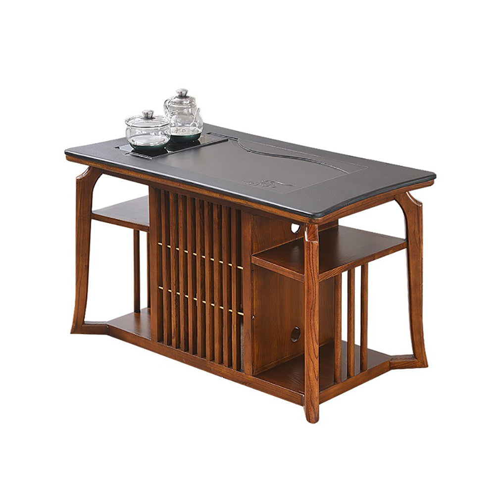 Chinese Tea Table Set Gold Sandalwood Stone Panel & Chairs
