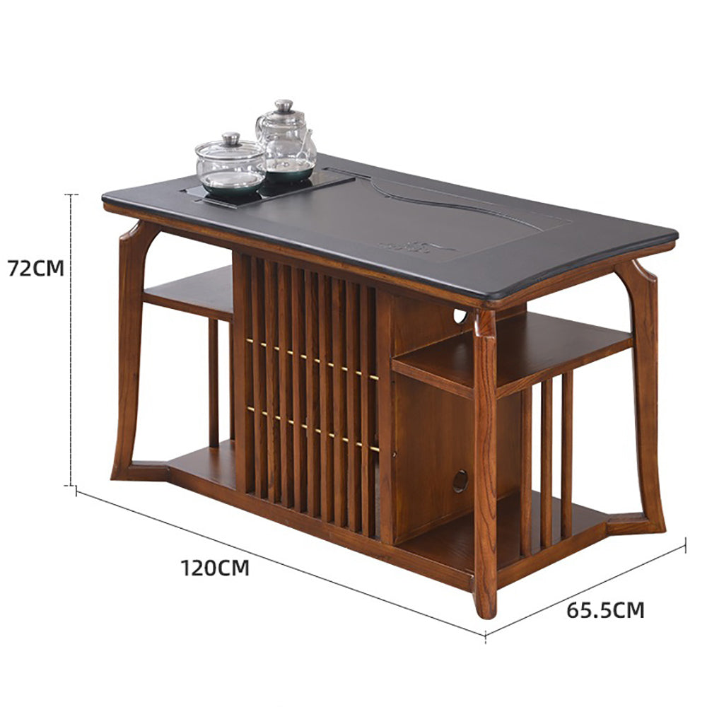 Chinese Tea Table Set Gold Sandalwood Stone Panel & Chairs