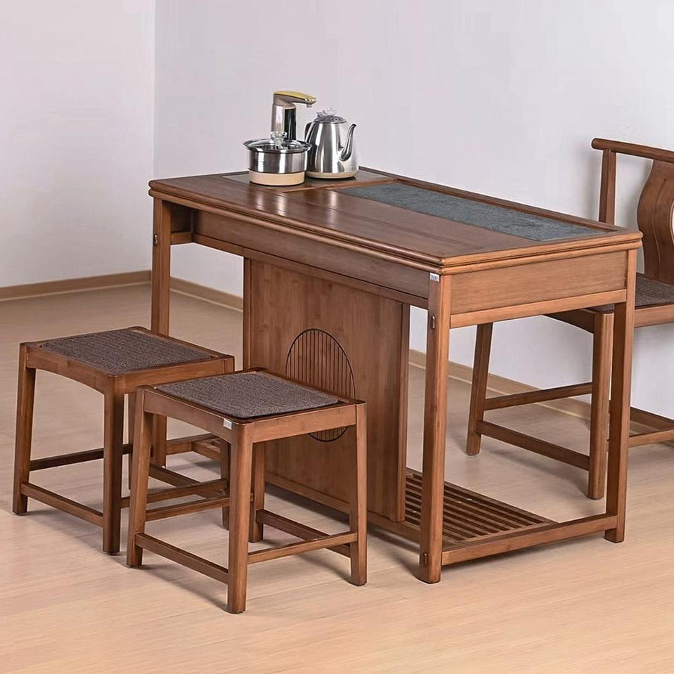 Chinese Tea Table Set Movable Bamboo Black Gold Stone 110cm