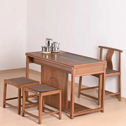 Chinese Tea Table Set Movable Bamboo Black Gold Stone 110cm