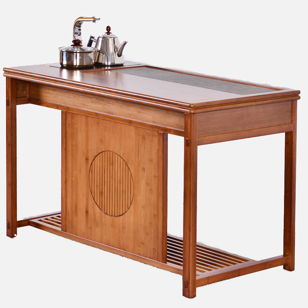 Chinese Tea Table Set Movable Bamboo Black Gold Stone 110cm