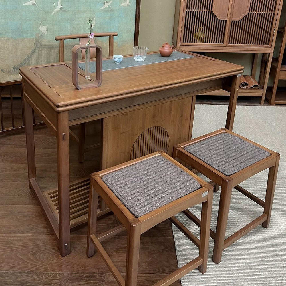 Chinese Tea Table Set Movable Bamboo Black Gold Stone 110cm