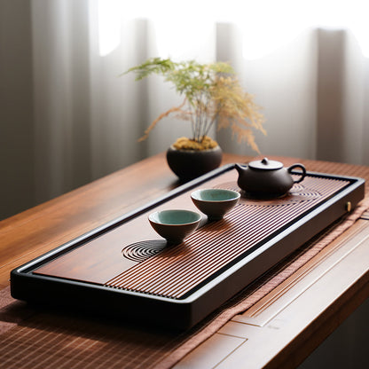 Bamboo Tea Tray with Drainage - Water Ripple Brass Detail