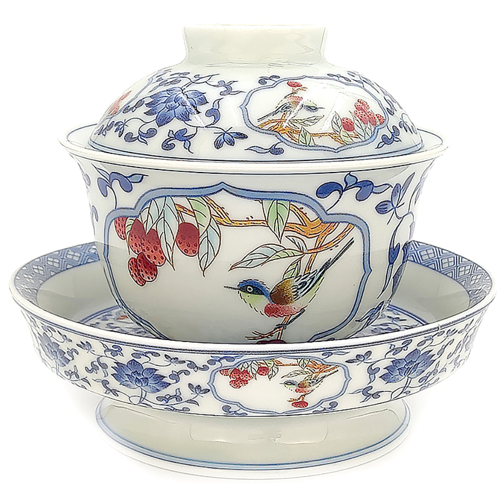 Gaiwan 180ml – Blue & White Porcelain with Red Underglaze Magpie