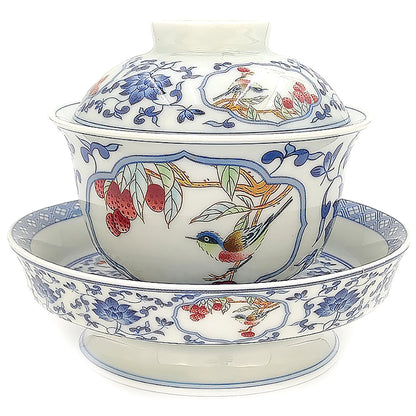 Gaiwan 180ml – Blue & White Porcelain with Red Underglaze Magpie
