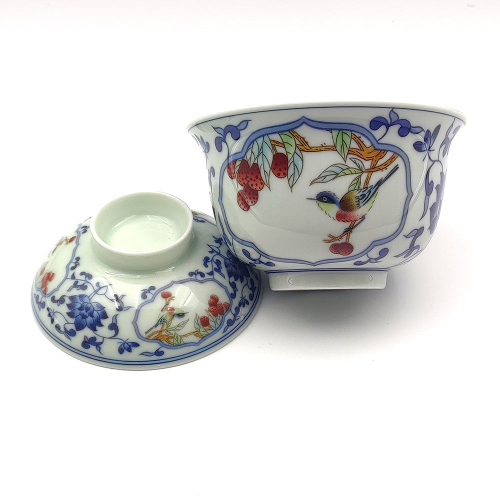 Gaiwan 180ml – Blue & White Porcelain with Red Underglaze Magpie