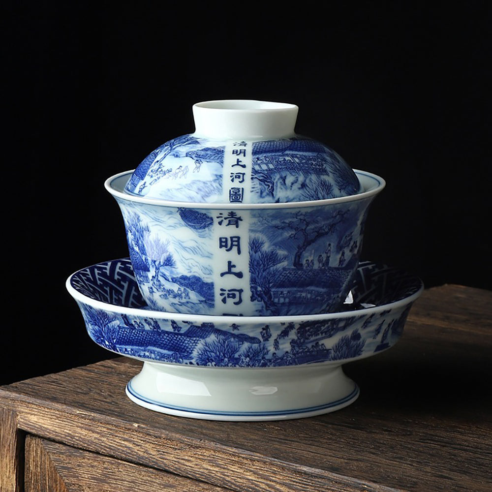 Gaiwan Blue White Porcelain Red Underglaze Magpie, 180ml