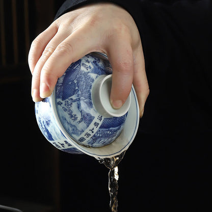 Gaiwan Blue White Porcelain Red Underglaze Magpie, 180ml